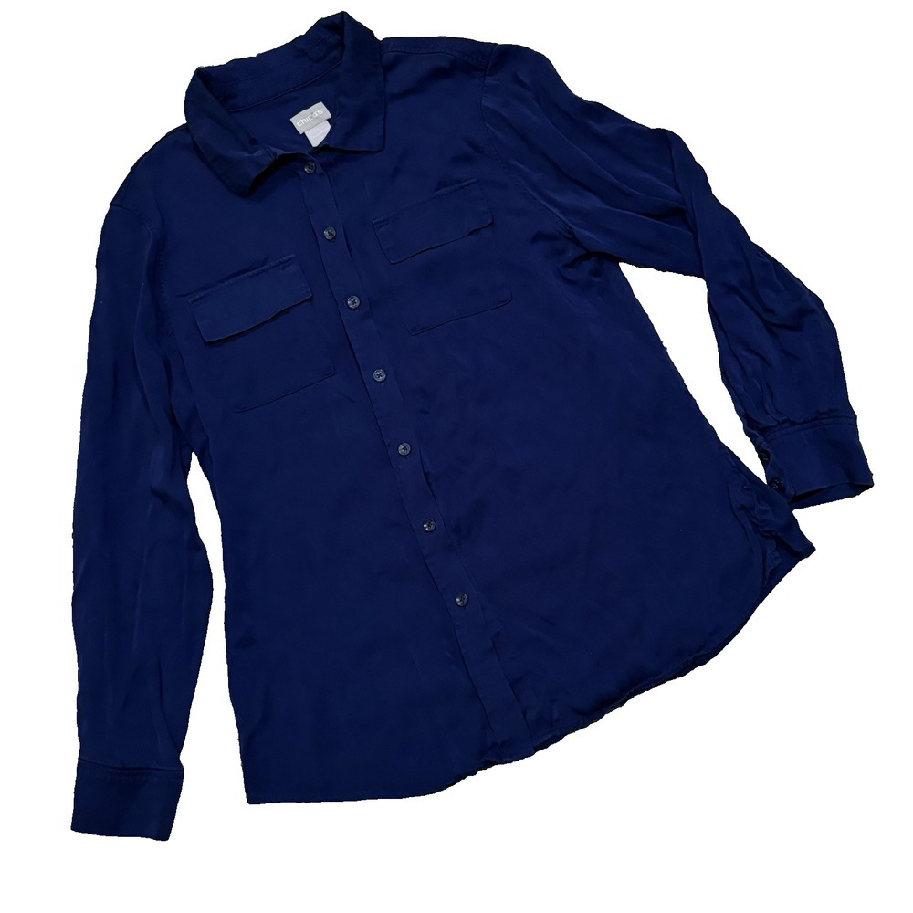 Chico's No Iron Blue Shirt Button Up Dress Shirt Blouse Size 1 Medium